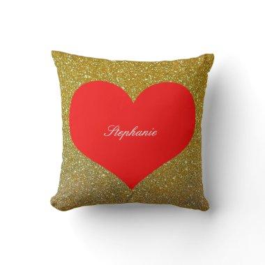 Valentine's Day Red Heart Monogram Gold Glitter Throw Pillow
