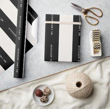 Vanilla & Black Preppy Stripes Custom Name Wedding Wrapping Paper