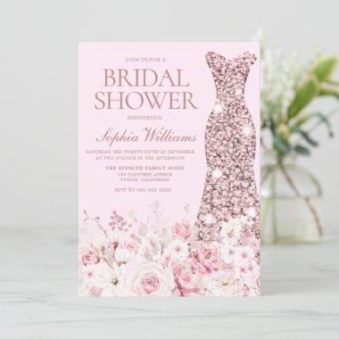 Very Blush Floral Rose Gold Dress Bridal Shower Invitations