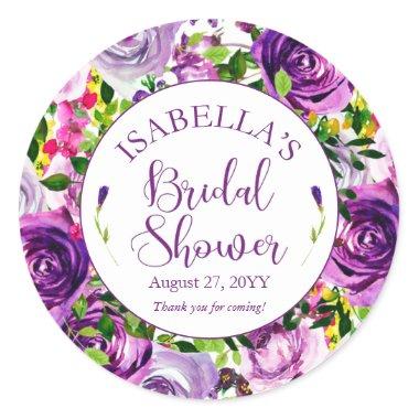 Vibrant Purple Watercolor Bouquet Bridal Shower Classic Round Sticker