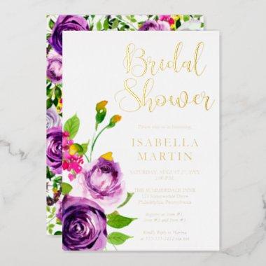 Vibrant Purple Watercolor Bouquet Bridal Shower Foil Invitations