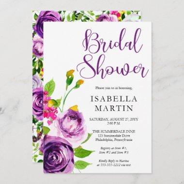 Vibrant Purple Watercolor Bouquet Bridal Shower In Invitations