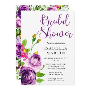 Vibrant Purple Watercolor Bouquet Bridal Shower In Invitations