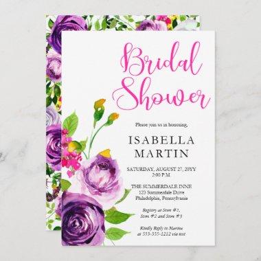 Vibrant Purple Watercolor Bouquet Bridal Shower Invitations