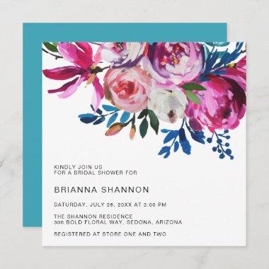 Vibrant Teal Pink Bright Floral Bridal Shower Invitations
