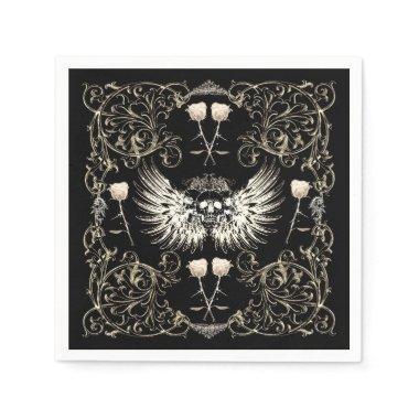 Victorian Gothic Romance Skull Wings & White Roses Napkins