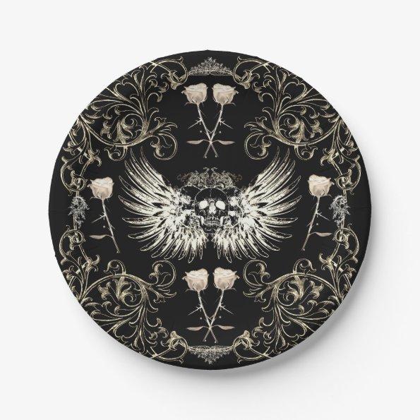 Victorian Gothic Romance Skull Wings & White Roses Paper Plates