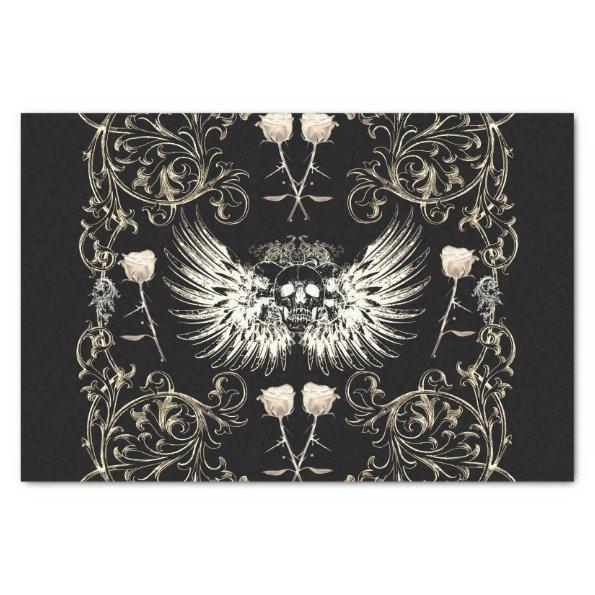 Victorian Gothic Romance Skull Wings & White Roses Tissue Paper