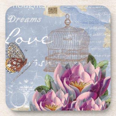 Victorian Love Thoughts Dreams Butterfly Bird Cage Beverage Coaster