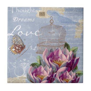 Victorian Love Thoughts Dreams Butterfly Bird Cage Ceramic Tile