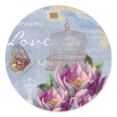 Victorian Love Thoughts Dreams Butterfly Bird Cage Classic Round Sticker