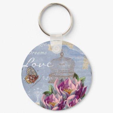 Victorian Love Thoughts Dreams Butterfly Bird Cage Keychain