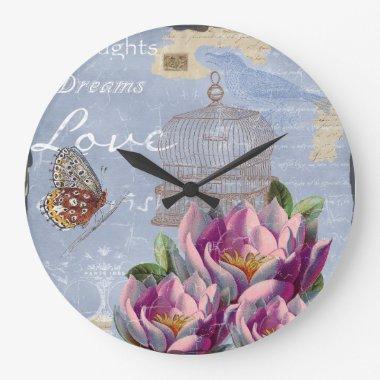 Victorian Love Thoughts Dreams Butterfly Bird Cage Large Clock