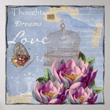 Victorian Love Thoughts Dreams Butterfly Bird Cage Poster
