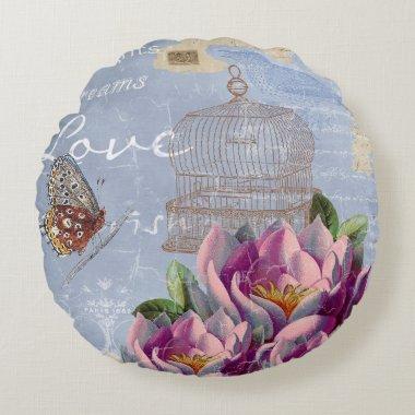 Victorian Love Thoughts Dreams Butterfly Bird Cage Round Pillow