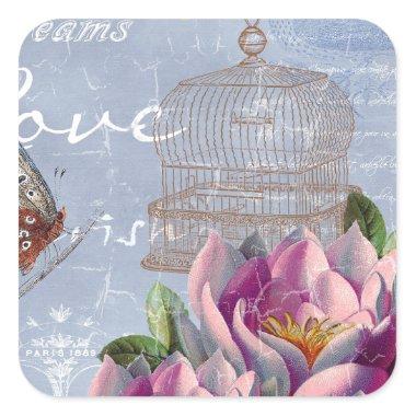 Victorian Love Thoughts Dreams Butterfly Bird Cage Square Sticker