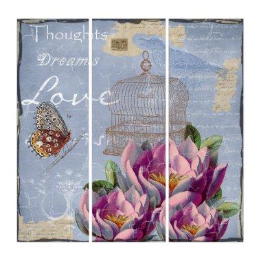 Victorian Love Thoughts Dreams Butterfly Bird Cage Triptych