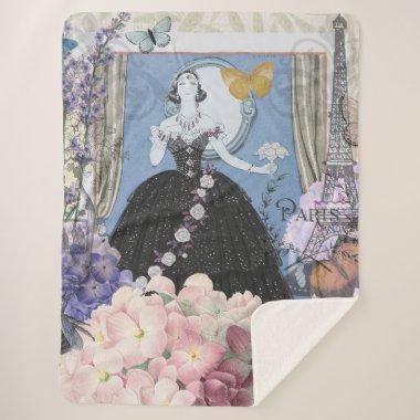 Victorian Woman Floral Fancy Gown Sherpa Blanket