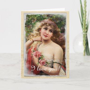 Victorian Woman with Pink Roses Greeting Invitations