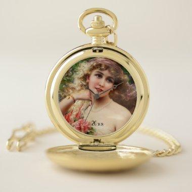 Victorian Woman with Pink Roses Pocket Watch