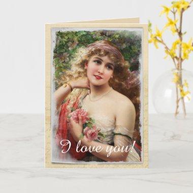 Victorian Woman with Pink Roses Romantic Invitations