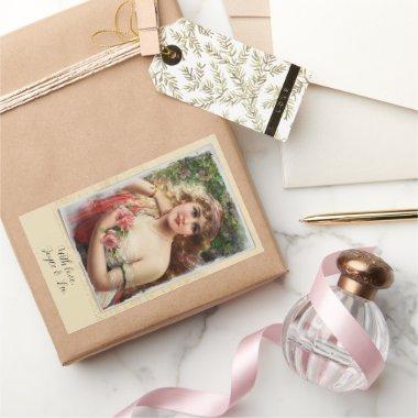 Victorian Woman with Pink Roses Romantic Gift Tag