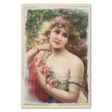 Victorian Woman with Pink Roses Romantic Tissue Paper