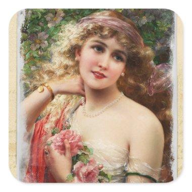 Victorian Woman with Pink Roses Stickers