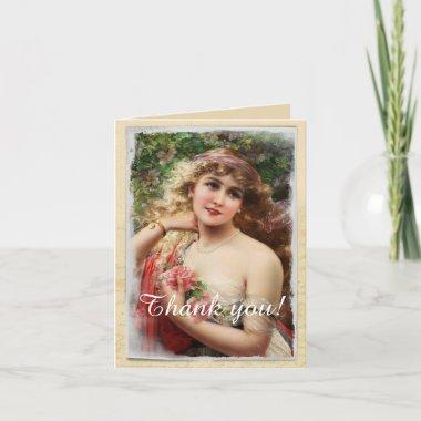Victorian Woman with Pink Roses Thank You Invitations