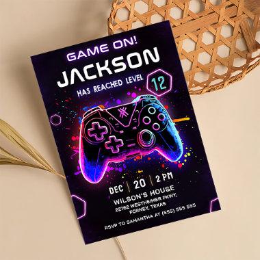 Video Game Neon Kids Birthday Party Invitations