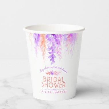 Vine flowers purple watercolor bridal shower paper cups