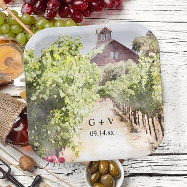 Vineyard and Red Barn Watercolor Wedding Paper Plates