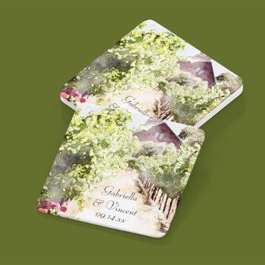 Vineyard and Red Barn Watercolor Wedding Square Paper Coaster