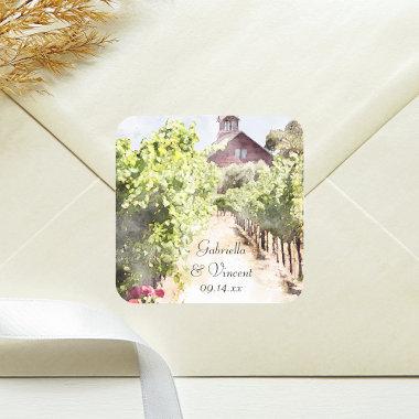 Vineyard and Red Barn Watercolor Wedding Square Sticker