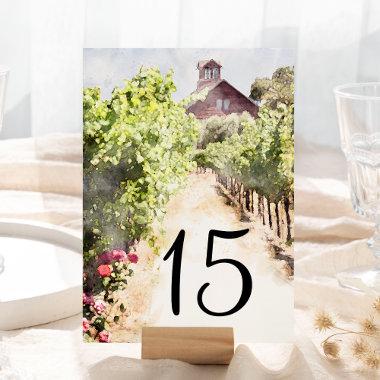 Vineyard and Red Barn Watercolor Wedding Table Number