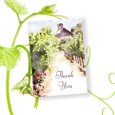 Vineyard and Red Barn Watercolor Wedding Thank You