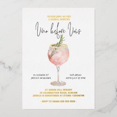 Vino Before Vows Bridal Shower Bachelorette Gold Foil Invitations