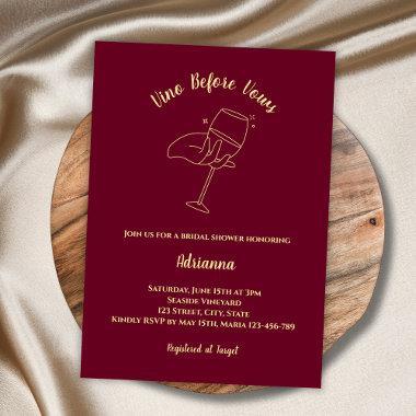 Vino Before Vows Burgundy Wine Bridal Shower Invitations