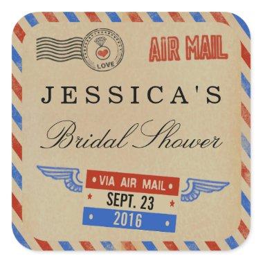 Vintage Airmail Bridal Shower Favor Square Sticker