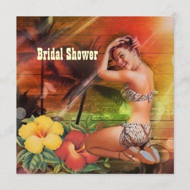 vintage Aloha Hula Girl hawaii beach bridal shower Invitations