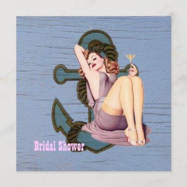 vintage anchor pin up girl beach bridal shower Invitations