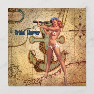 vintage anchor pin up girl beach bridal shower Invitations