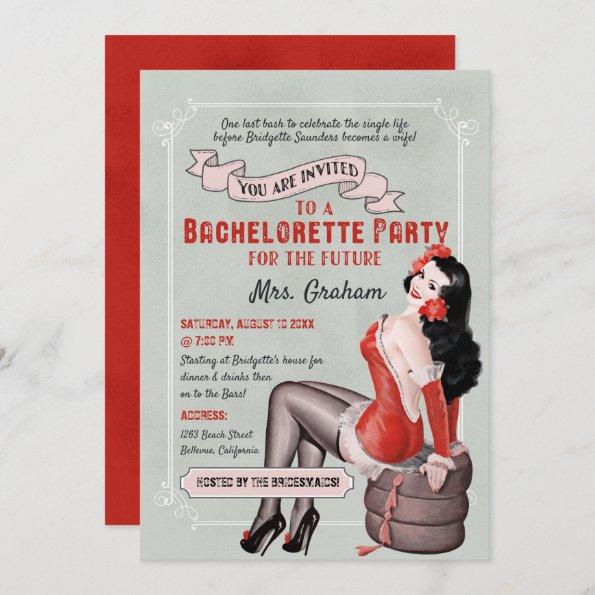 Vintage Bachelorette Retro Pin Up Girl Teal Red Invitations
