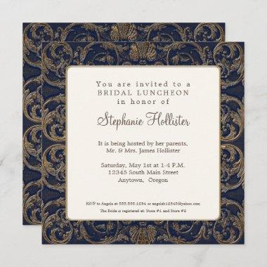 Vintage Baroque Elegant Navy Blue Bridal Shower Invitations