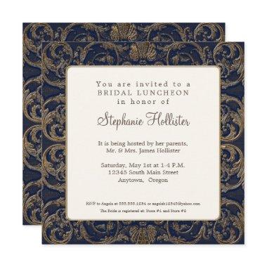 Vintage Baroque Elegant Navy Blue Bridal Shower Invitations