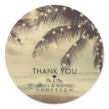 Vintage Beach Ocean Palm Trees & Lights Wedding Classic Round Sticker