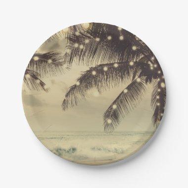 Vintage Beach Ocean Palm Trees & Lights Wedding Paper Plates