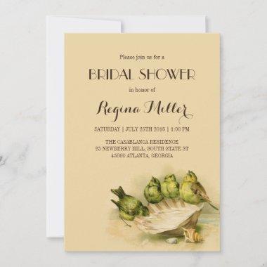 Vintage Bird and Seashell Bridal Shower Invitations
