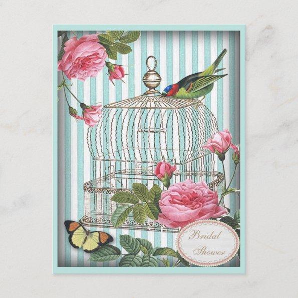 Vintage Bird, Cage, Butterfly, Roses Bridal Shower Invitations