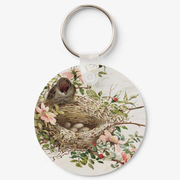 Vintage Bird in Nest Animal Print Keychain